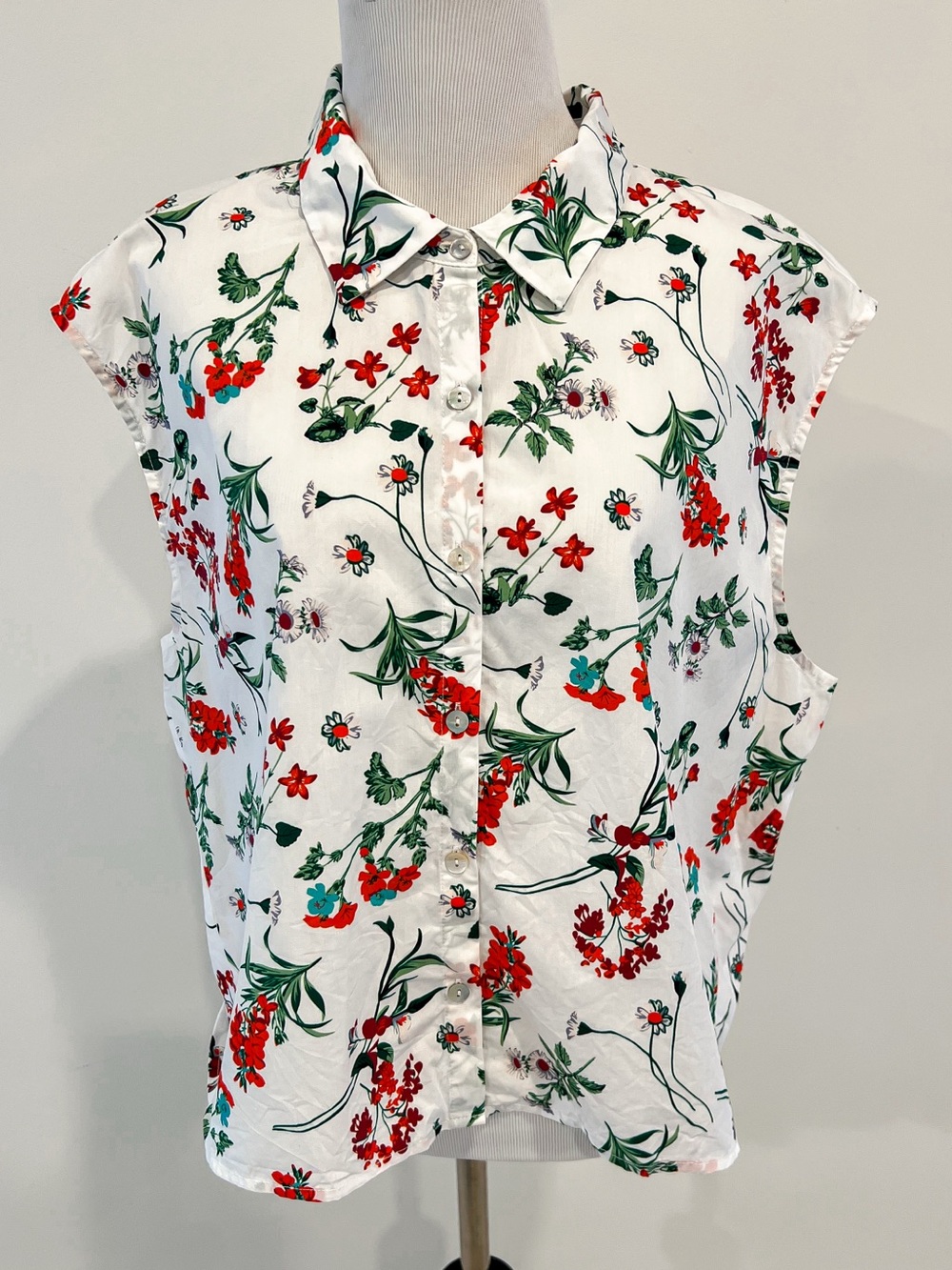 Marc New York White Sleeveless Floral Cropped Button Down Blouse Womens Sz XL